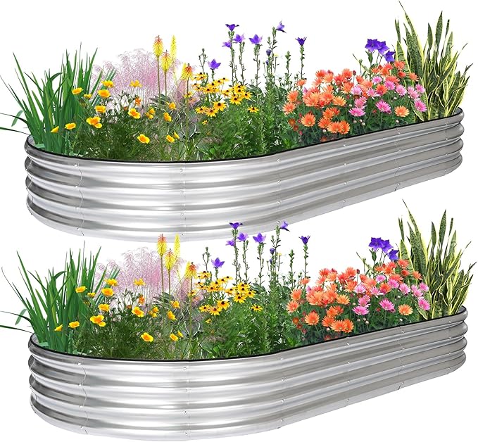 JERIA 2 Pcs 8Ã4Ã1ft Oval Raised Garden Bed,Galvanized Raised Garden Bed Kit Outdoor Metal Gardening Planter Box for Vegetable, Fruits, Flowerï¼Herbs