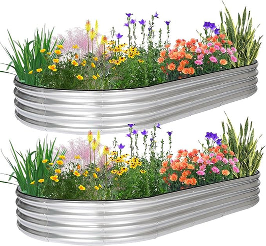 JERIA 2 Pcs 8Ã4Ã1ft Oval Raised Garden Bed,Galvanized Raised Garden Bed Kit Outdoor Metal Gardening Planter Box for Vegetable, Fruits, Flowerï¼Herbs