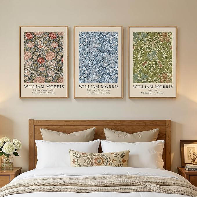 Large Framed William Morris Wall Art Set of 3, Vintage Green Botanical Floral
