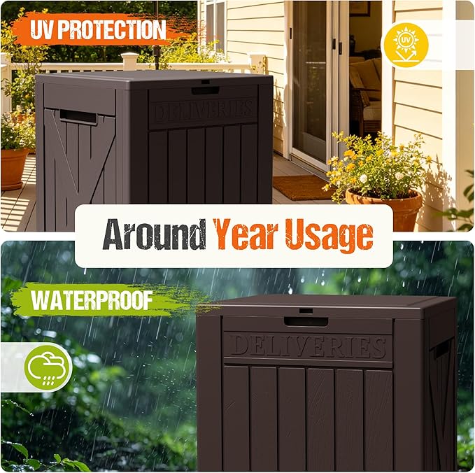 Flamaker 50 Gallon Deck Box, Package Delivery Box for Outside, Outdoor Package Drop Container for Gifts, Waterproof Plastic Storage Container with Lockable Secure for Porch (Deep Brown)