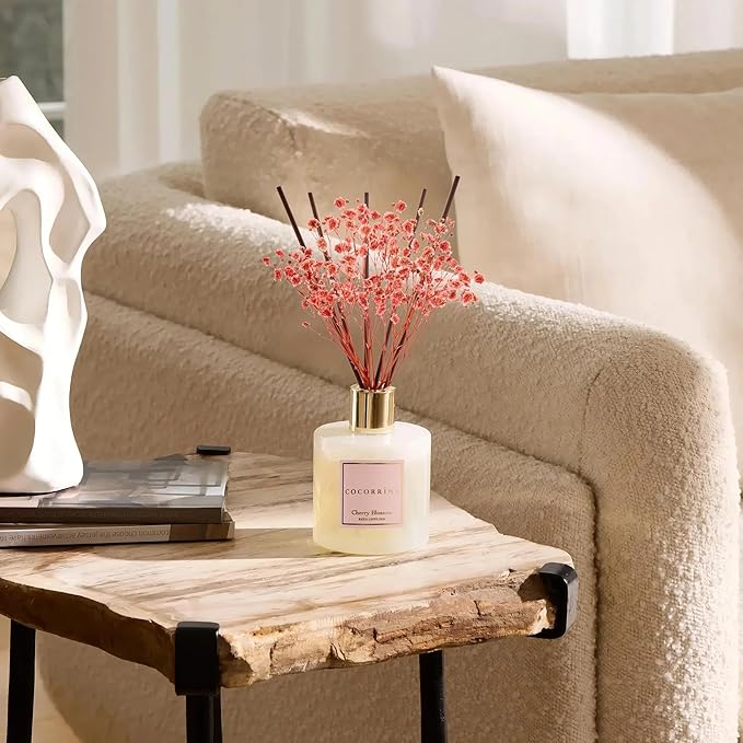 COCORRÍNA Reed Diffuser - Cherry Blossom 6.7 Fl.oz Reed Diffuser Set with Sticks & Preserved Baby's Breath, Reed Diffuser for Home Bathroom Shelf Decor