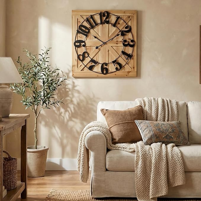 EMAX HOME Large Farmhouse Wall Clock – 24 Inch Brown Square Rustic Wooden Clock