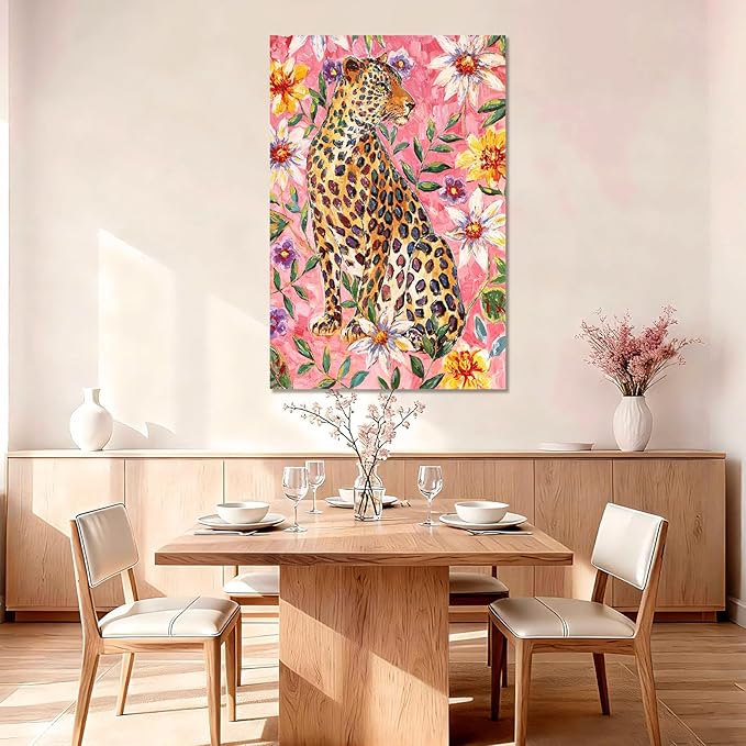 YETHEN WAL Pink Jungle Leopard Wall Art Floral Animal Canvas Prints Tropical Artwork for Bedroom Living Room Office Decor 32x48 Inch