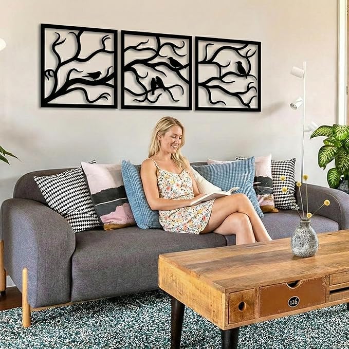 DEKADRON Metal Wall Art, Birds on Branch 3 Pieces, Metal Tree Wall Art, Tree Sign, Metal Wall Decor, Interior and Outdoor Decoration, 3 Panels Wall Hangings (60" W x 20" H / 154x50cm)