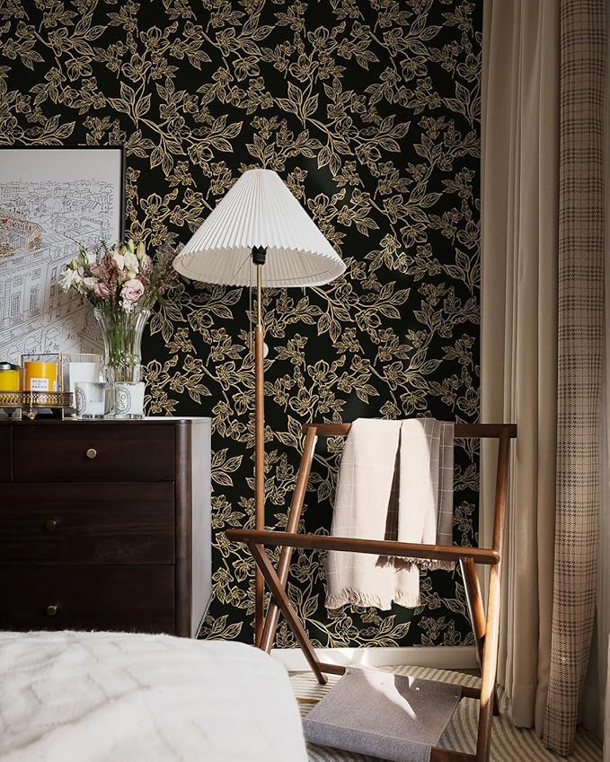 Ismoon Floral Peel and Stick Wallpaper Vintage Black and Gold Contact Paper