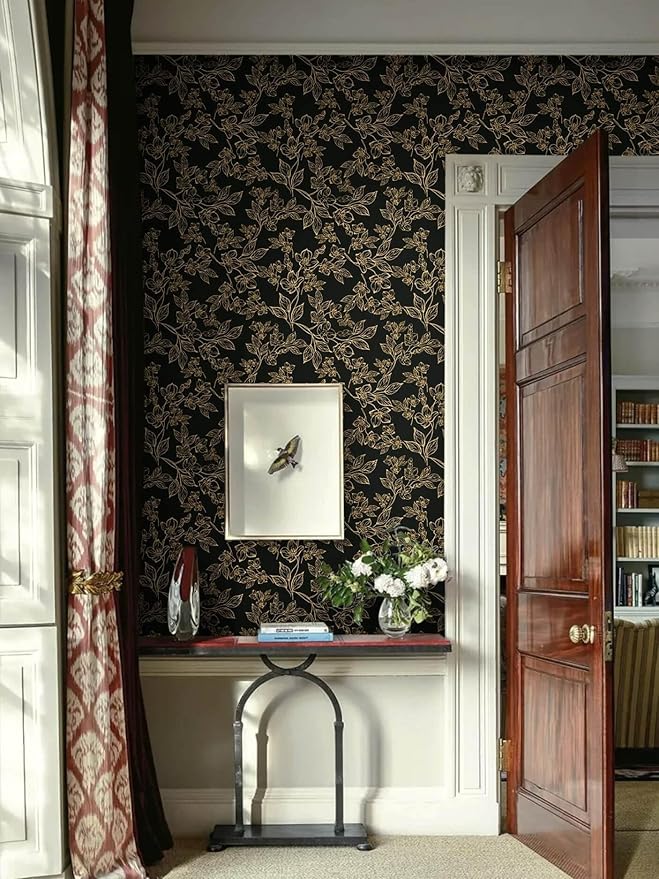 Ismoon Floral Peel and Stick Wallpaper Vintage Black and Gold Contact Paper