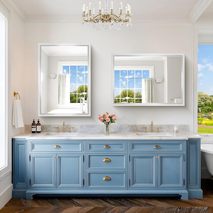 42x30 Silver Bathroom Mirror, Brushed Silver Rectangular Mirror
