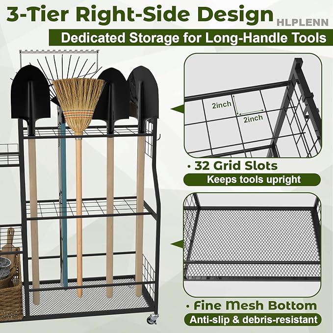 Large Garden Tool Organizer with Wheels, Yard Tool Organizer Stand for Long Handled Tools, Indoor/Outdoor Metal Yard Tool Storage Rack Cart for Garage, Shed, Garden