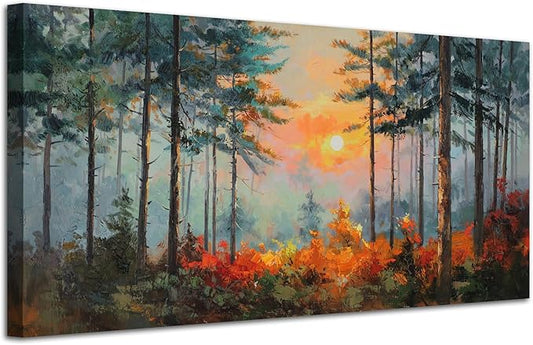 Ardemy Sunset Pines Wall Art Hand-Painted Texture Forest Canvas Painting