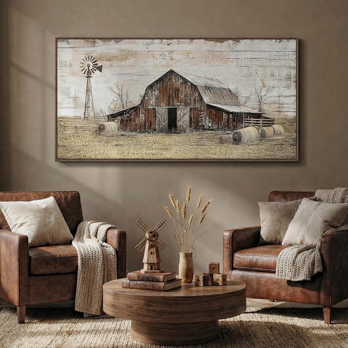 Large Framed Farmhouse Wall Art for Living Room, Vintage Rustic Barn Horizontal Canvas Prints, Rustic Country Wall Decor for Bedroom Dining Room Hallway 30x60 Inch