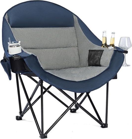 Oversized Camping Chairs for Adults - Heavy Duty Padded Outdoor Folding Lawn XL Camp Chair with Cup Holder Cooler Pockets for Sports Beach Fishing Garden Portable Supports 500lbs, Blue/Grey