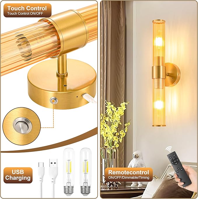 Morauroral Gold Battery Operated Wall Sconces Set of 2, Rechargeable Wall Lights