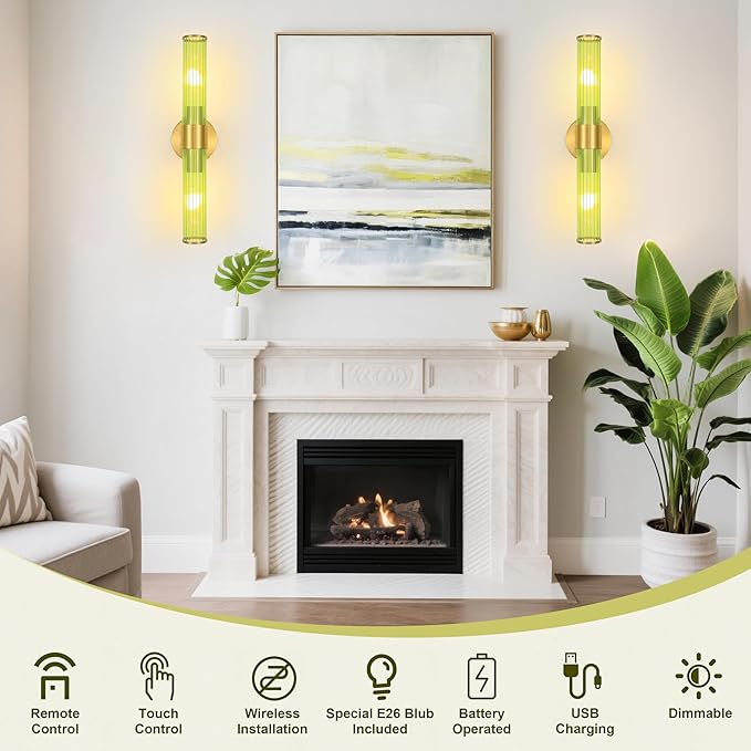 Morauroral Gold Battery Operated Wall Sconces Set of 2, Rechargeable Wall Lights
