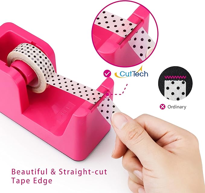 ABEL SimpleWork Desktop Tape Dispenser, Pink, 1 in Core, Non-Skid Weighted Base, Tape Cutter for Office, Home, School, and Crafts