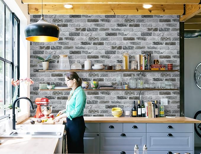 Guvana 17.3"×197" Brick Peel and Stick Wallpaper Grey Brick Contact Paper Self