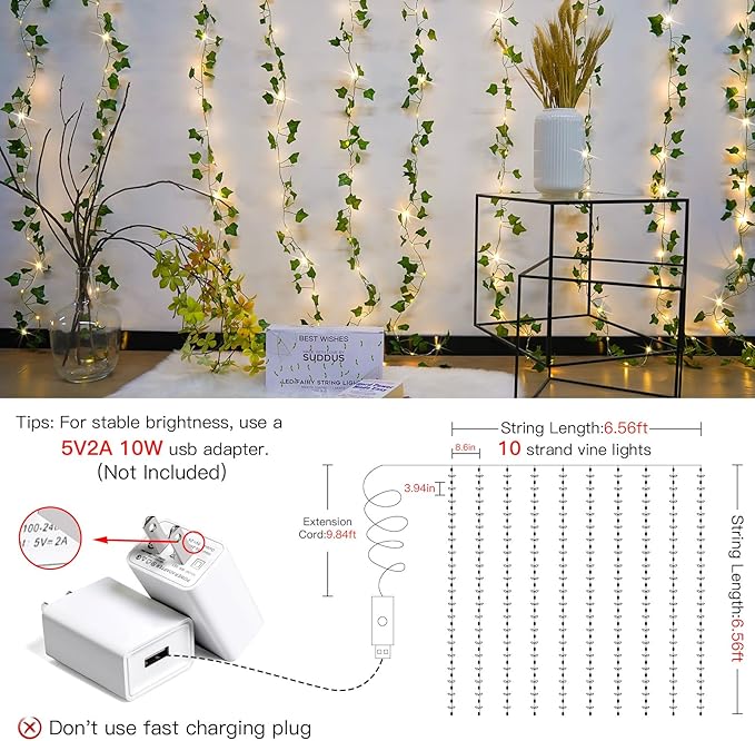 suddus Vines with Light for Bedroom, 200 LED Fairy Lights with Vines, Ivy