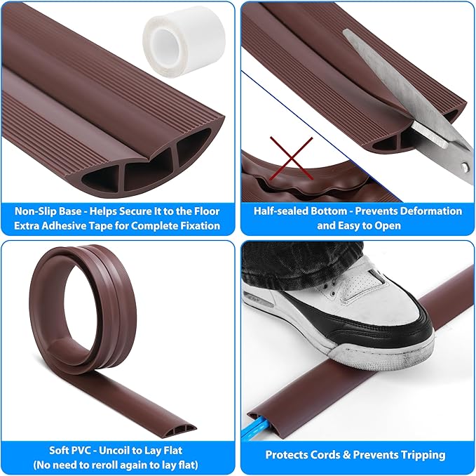 Floor Cord Cover 10ft, Cord Hider Floor Hide Extension Cords, Floor Cable Management Prevent Cable Trips, Floor Cable Cover Wire Covers for Cords, Cable Protector Cord Cavity W0.6in x H0.32in Brown