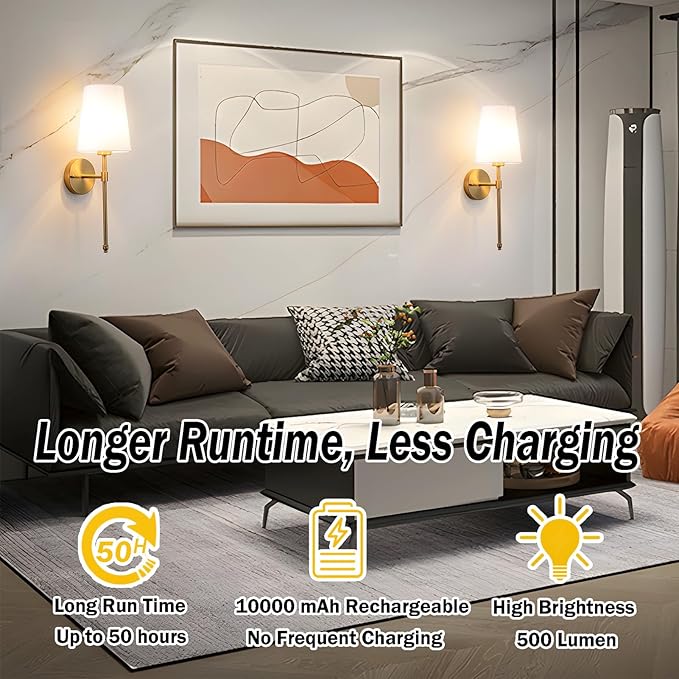 YHCDLAMP Battery Operated Wall Sconces Set of 2, Rechargeable Wireless Wall