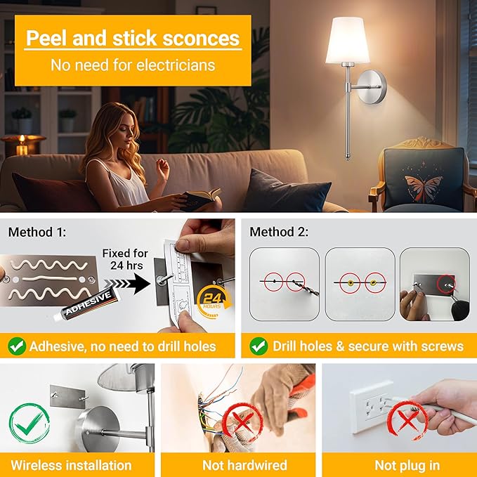 Vimhou Peel and Stick Wall Sconces, Stick On Wall Sconce Set of 2, Battery