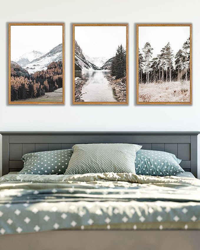UPWOIGH Large Framed Canvas Wall Art, Set of 3 Pine Trees, 16x24 in Minimalist Cotton Posters, Mountain Landscape Photography, Modern Botanical Aesthetic for Living Room, Bedroom, Office