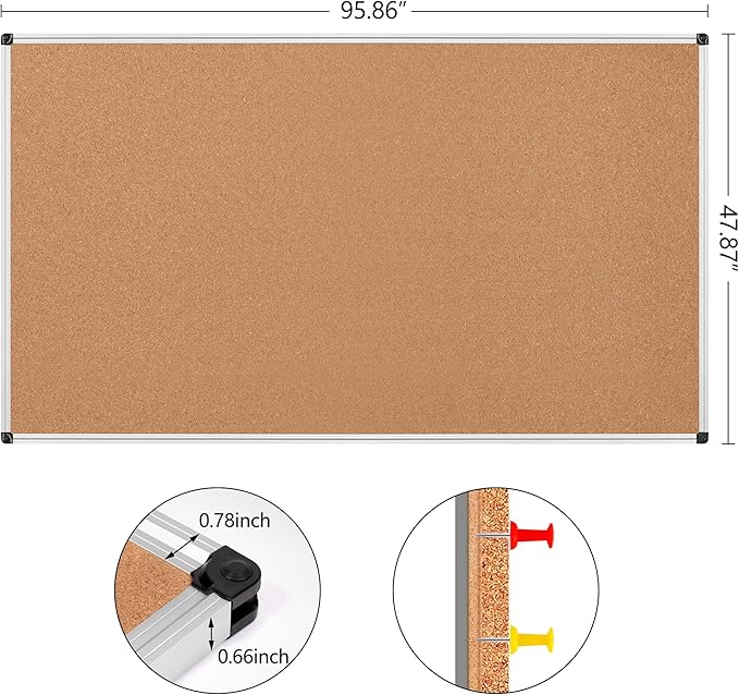 Large Cork Bulletin Board 96" X 48", Wall Mounted Notice Pin Board