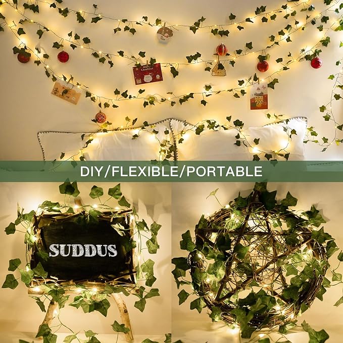 suddus Vine with Fairy Lights Battery Operated, 33ft 100 LED Ivy String Lights