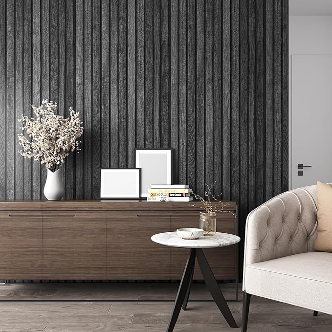 VEELIKE Charcoal Black Wood Slat Wallpaper Peel and Stick Modern Wood Panel