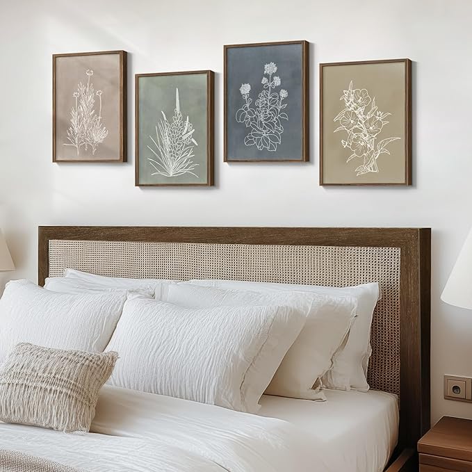 Framed Boho Botanical Wall Art for Living Room, 4 Piece Rustic Floral Canvas