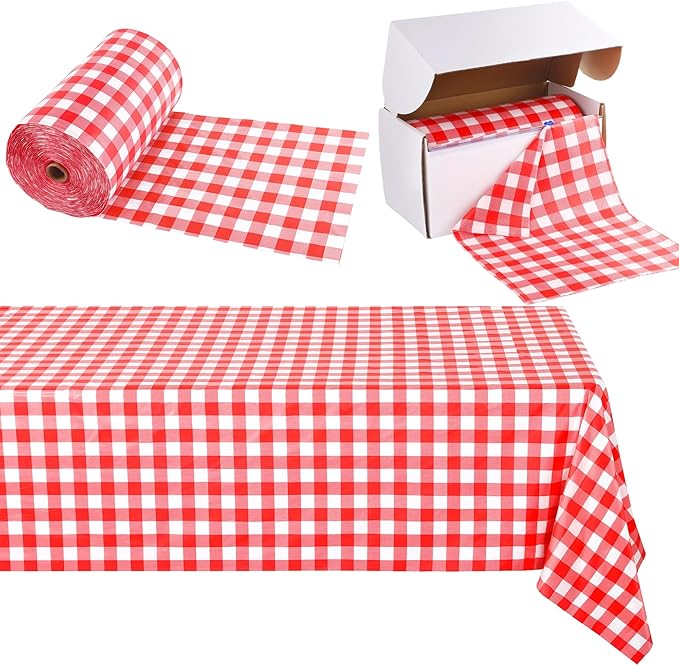 Kochorie 54 Inch x 500 Ft Red Checkered Plastic Table Cloth Roll Disposable