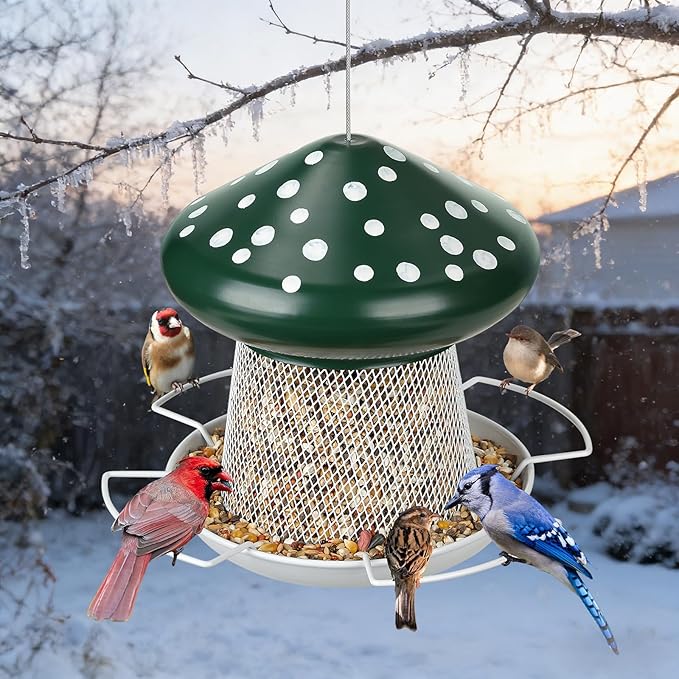 Bird Feeder, Heavy Duty Metal Bird Feeders for Outdoor Hanging, Cute Mushroom Shape Wild Birdfeeder for Outside Garden Yard (Green)