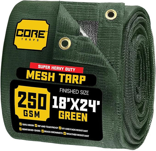 Core Tarps 60% Green Shade Cloth with Grommets - 18 X 24 FT Heavy Duty Mesh Tarp - Sun Shade Cloth for Garden Vegetables Plants Greenhouse Outdoors Backyard Fences Dump Trucks Patio Mesh Shade Tarp