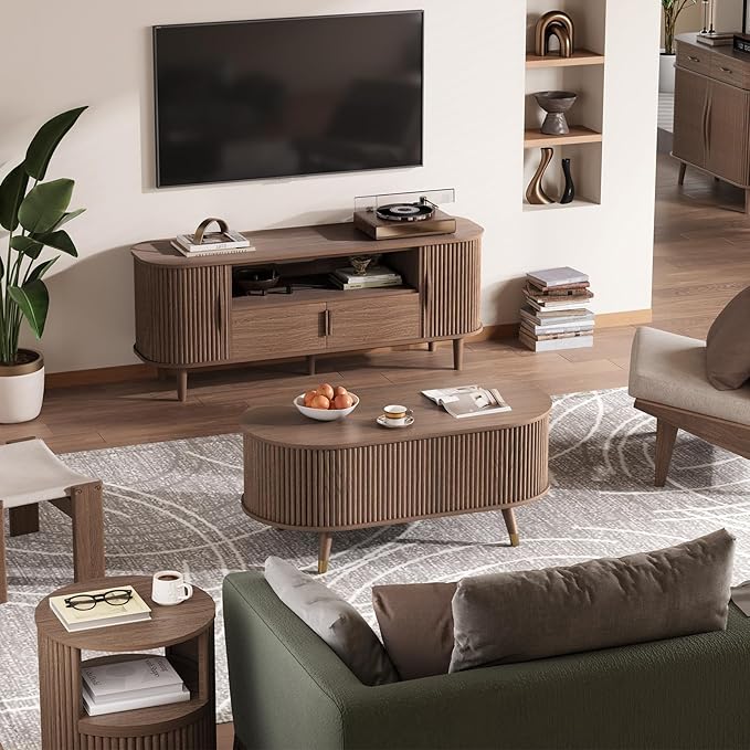 JOINICE 42.5" Oval Lift Top Coffee Table with Storage, Mid Century Modern Walnut Center Table with Fluted Design, Solid Wood Legs & Hidden Compartment, Pop Up Cocktail Table for Living Room
