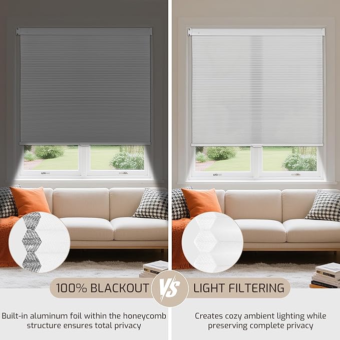 Grandekor No Tools No Drill Cordless Cellular Shades, UV Protection Privacy No