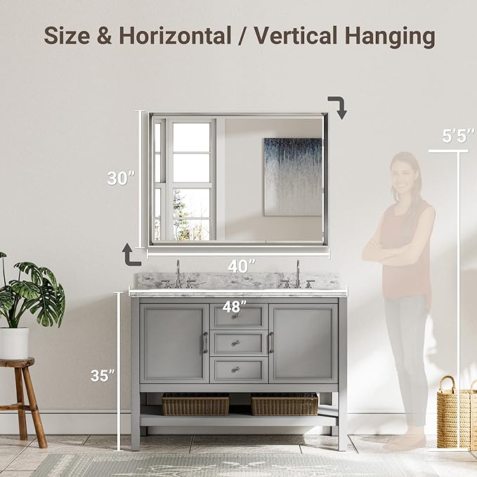 40 x 30 Brushed Nickel Bathroom Mirror, Beveled Framed Rectangle