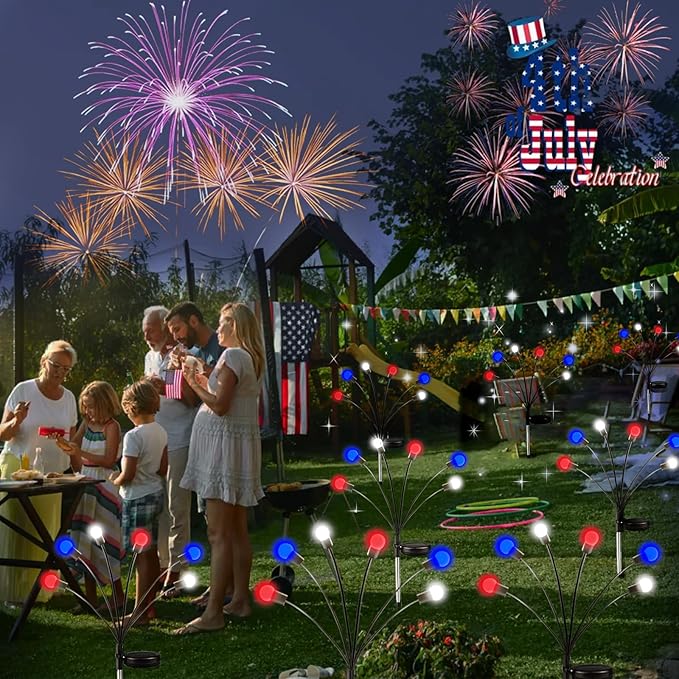 4th of July Decorations, 6 Pack Solar Firefly Lights Outdoor, 36 LED Waterproof Patriotic Decor Garden Lights with 2 Modes for 250th Anniversary National Yard Path Decorations (Red White and Blue)