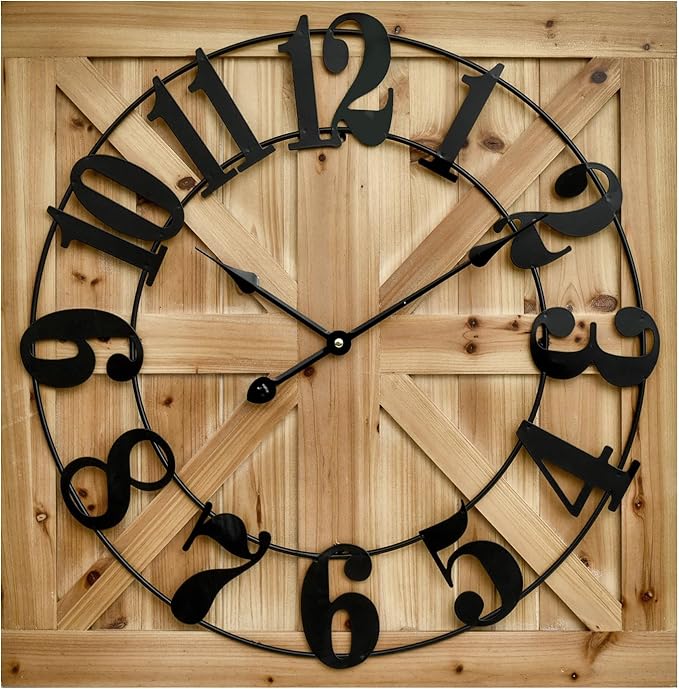 EMAX HOME Large Farmhouse Wall Clock – 24 Inch Brown Square Rustic Wooden Clock