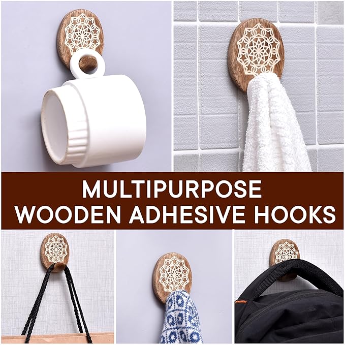 Indian Shelf 6 Lb- 6 Pieces Decorative Wood Adhesive Wall Hooks–Boho Peel and