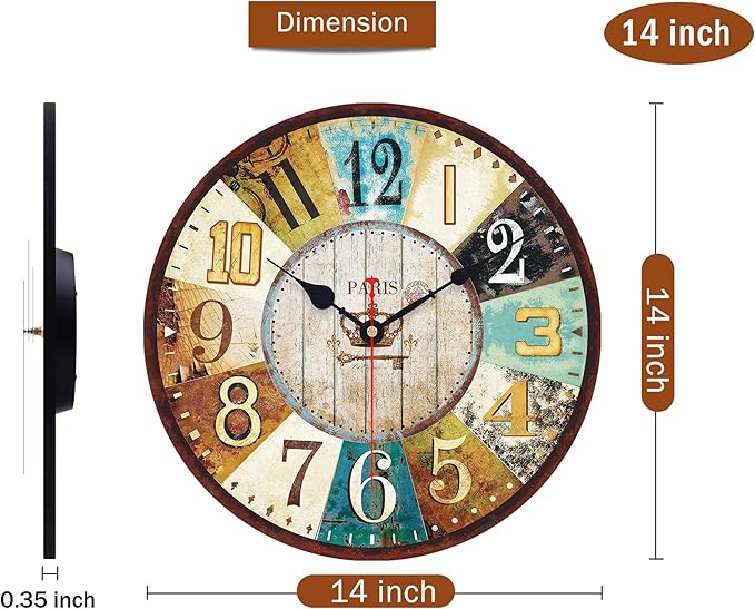 VIKMARI 14 Inch Wooden Wall Clock Battery Operated Retro Rustic Decorative Clock