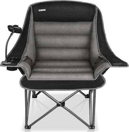 Camping Chairs for Adults-Oversized Extra Large Lawn Chair,Folding Comfy Padded Chair w/Phone Holder,Side Pocket,Cup Holder for Outdoor,Wide&Thick,Heavy Duty 400Lbs,Black