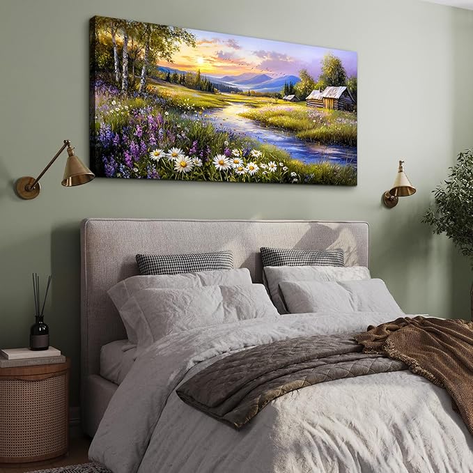 SERIMINO Large Wall Art for Living Room, River Landscape Wall Art, Meadow
