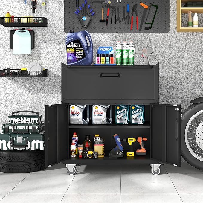 Metal Storage Cabinet with Wheels, Lockable Garage Storage Cabinet with 2 Doors
