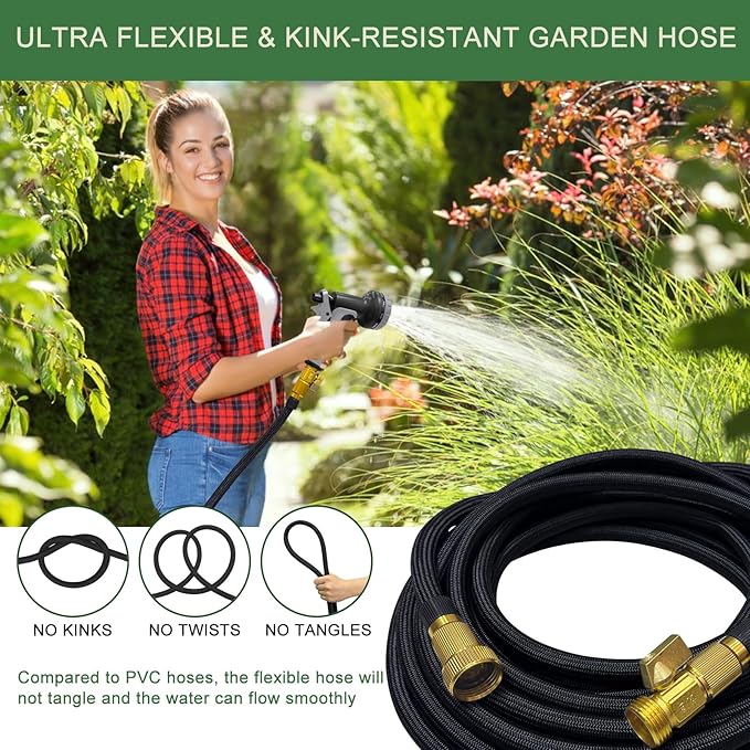 Garden Hose Non-Expandable 25 ft, Lightweight Flexible Water Hose with 10 Function Spray Nozzle, Outdoor Leak Proof, Kink-Free, Portable Hose for Yard, Lawn, Camper, High-Density Fabric, Black Grey