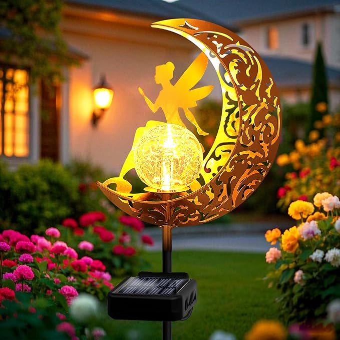 Garden Solar Lights Outdoor Decorative, Moon & Fairy Solar Stake Crackle Glass Globe, Gardening Gifts for Women, Garden Stake Lights Waterproof for Walkway, Yard, Lawn, Patio (Warm White)
