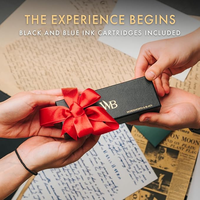 Wordsworth and Black Fountain Pen Mini EDC: Luxury Black Heavy Pocket Pen, Gold Finish, Medium Nib, 6 Ink Cartridges, Ink Converter, Travel Refillable Writing Pen Gift Set, Men & Women
