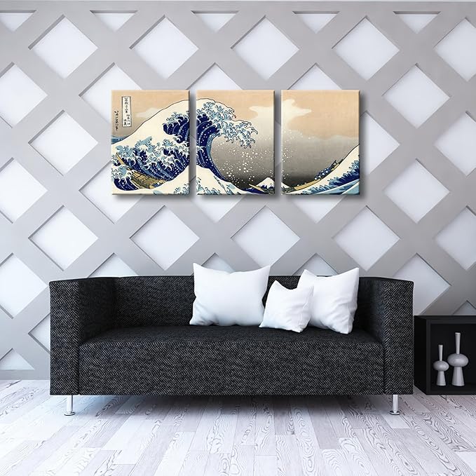 Wieco Art Great Wave of Kanagawa Katsushika Hokusai 3 Piece Modern Canvas