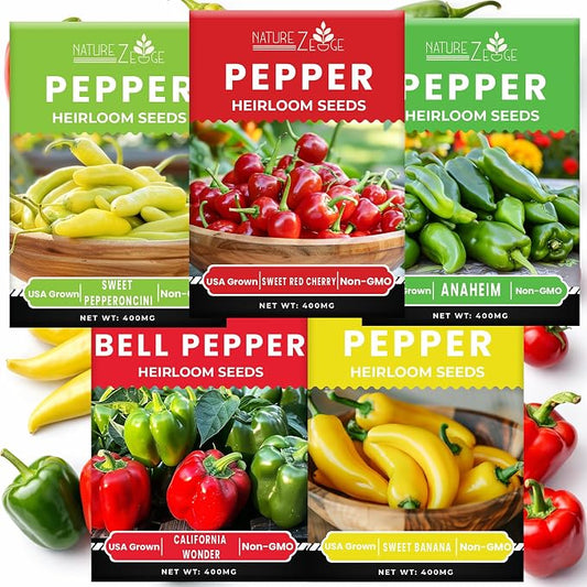 Sweet Pepper Seeds for Planting, Sweet Banana Pepper Seeds, Pepperoncini, Sweet Cherry Pepper Seeds, California Wonder Bell Pepper, and Anaheim, Heirloom Pepper Seed Assortment, Non-GMO