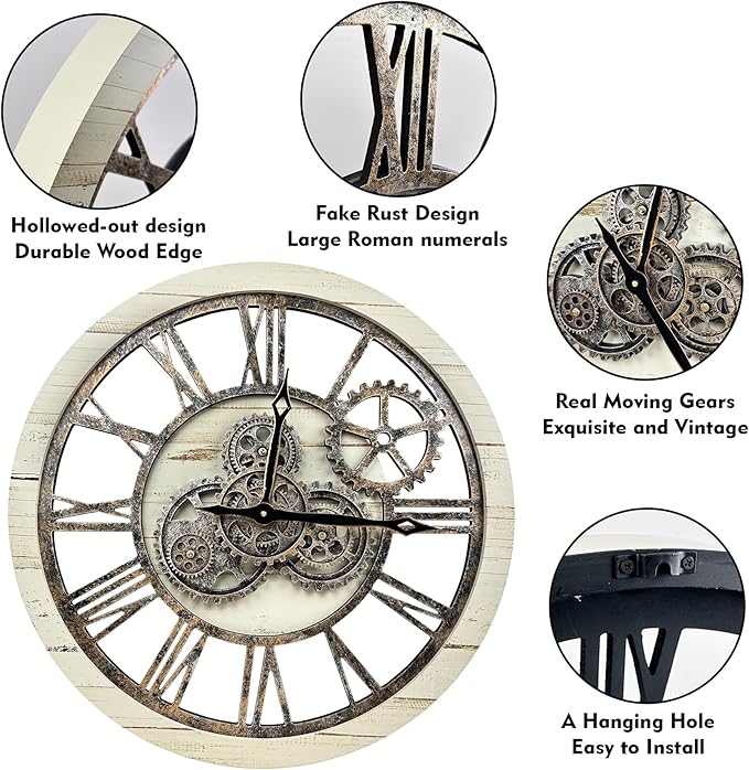 The B-Style Large Wall Clock 24 inch Moving Gear Wall Clock Oversized Vintage