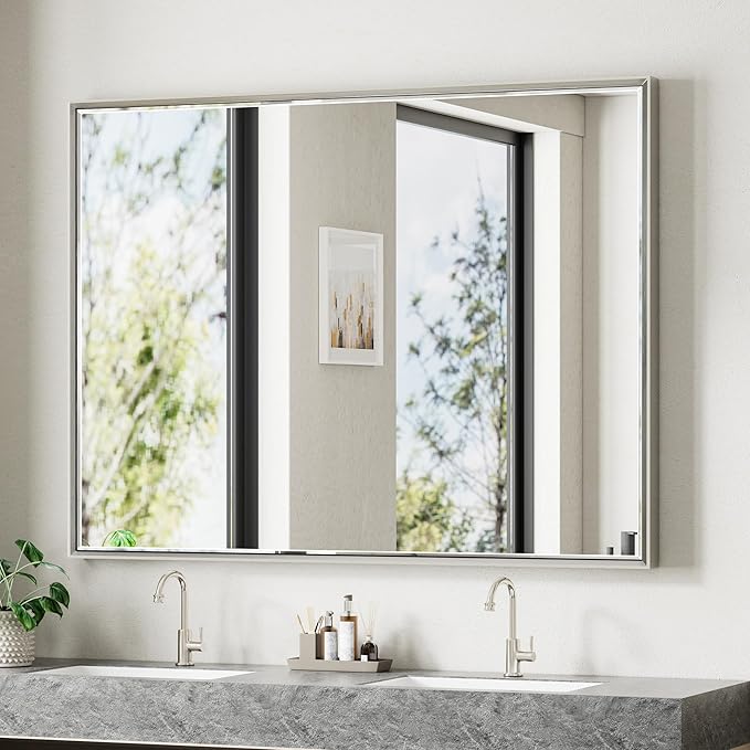 48'' x 36'' Brushed Nickel Framed Beveled Bathroom Mirror, Shatterproof