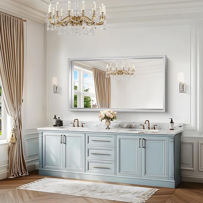 30x55 Silver Bathroom Mirror, Brushed Silver Rectangular Mirror