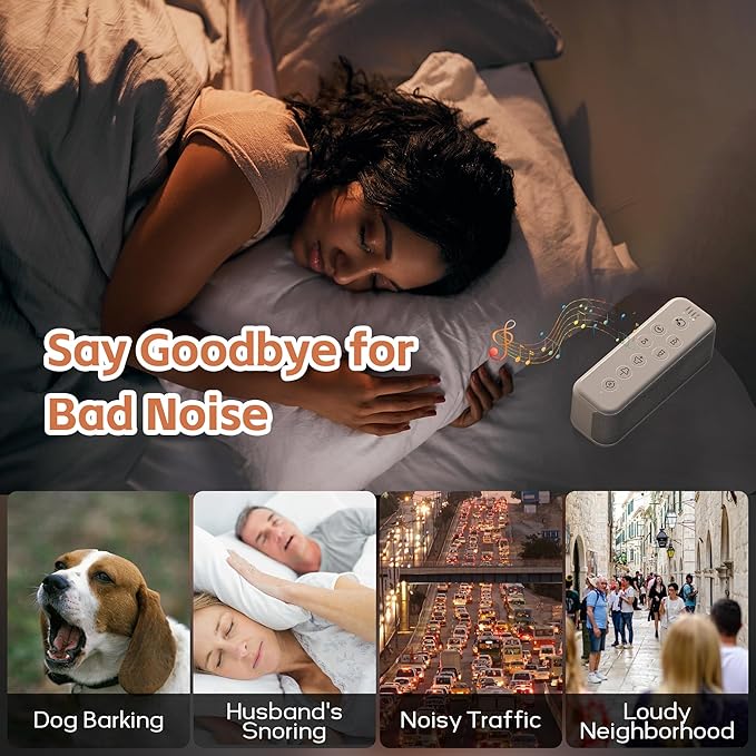 White Noise Sound Machine with 3000mAh Rechargeable Battery - Bluetooth Sleep Sound Machine with 15 Soothing Sounds, Auto-Off Timer & Headphone Jack, Portable Sound Machine for Adults, Baby & Home Use